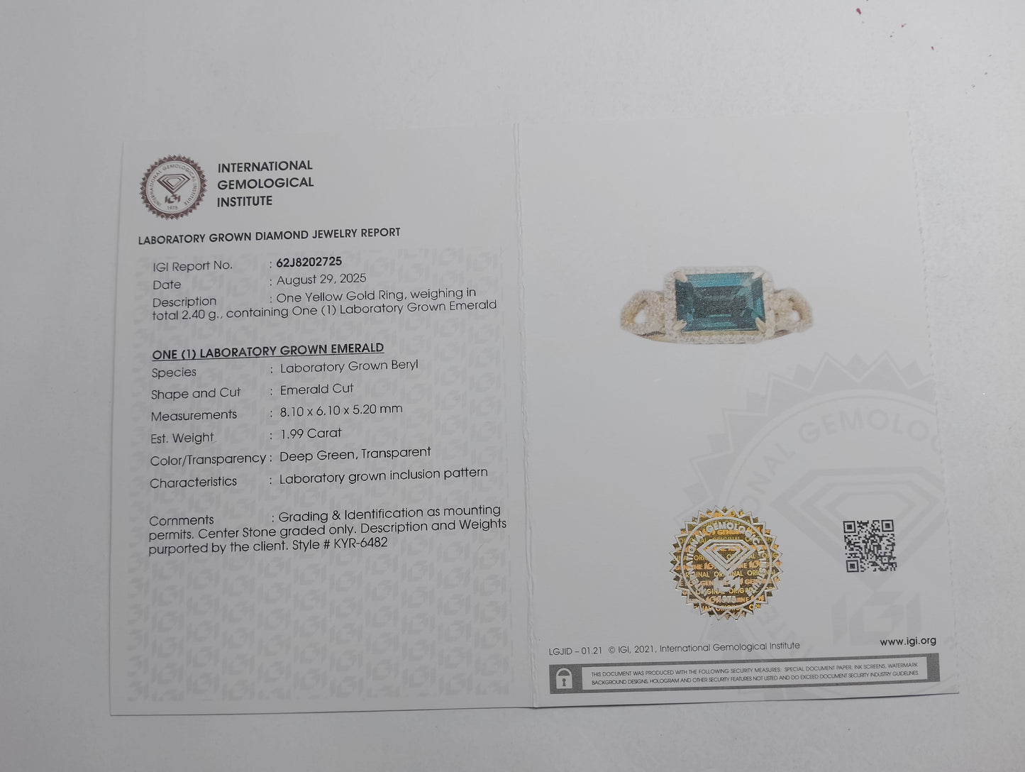 2.18 Ct Emerald Cut Lab Grown Emerald 14K Gold Ring