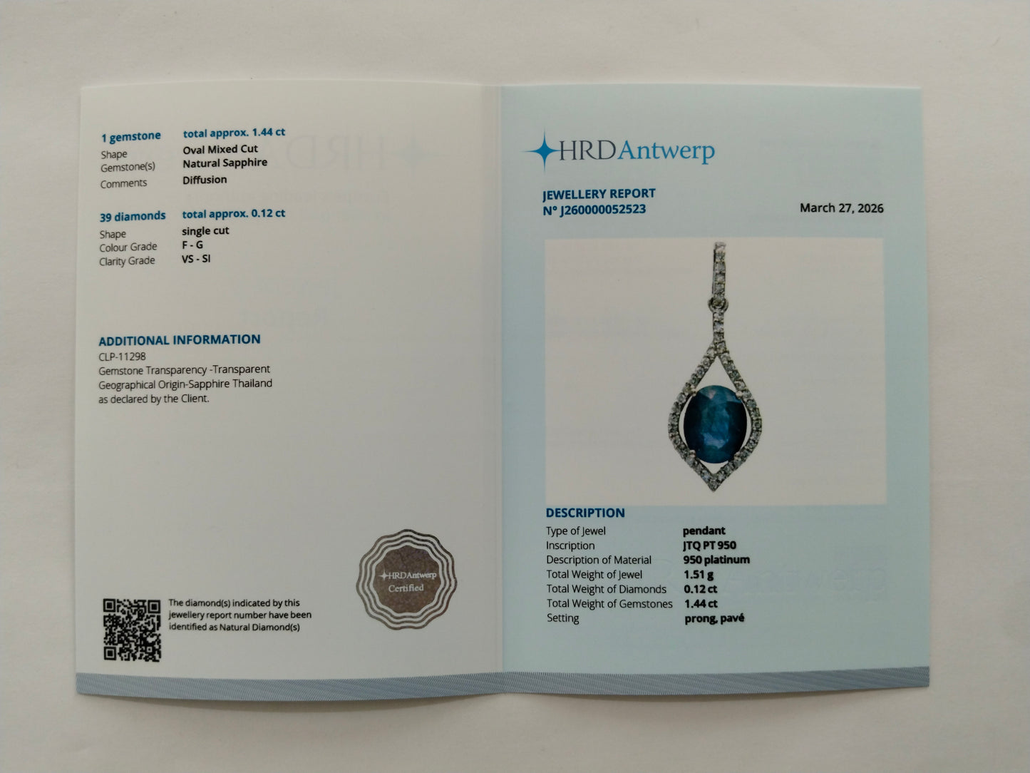 1.56 Ct Oval Mixed Cut Natural Sapphire 950 Platinum Pendant