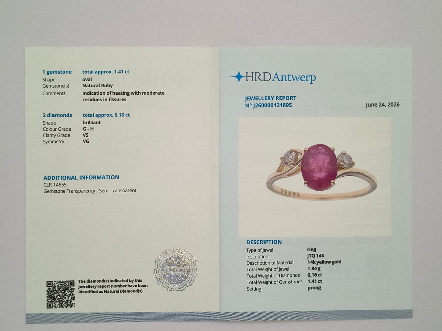 1.57 Ct Oval Natural Ruby 14K Gold Ring