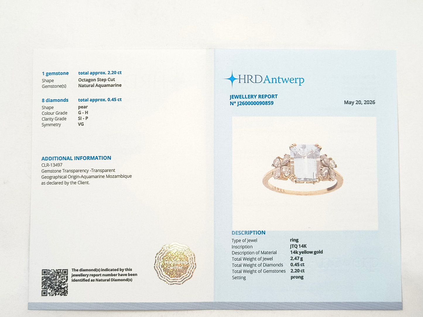 2.65 Ct Octagon Aquamarine 14K Gold Ring