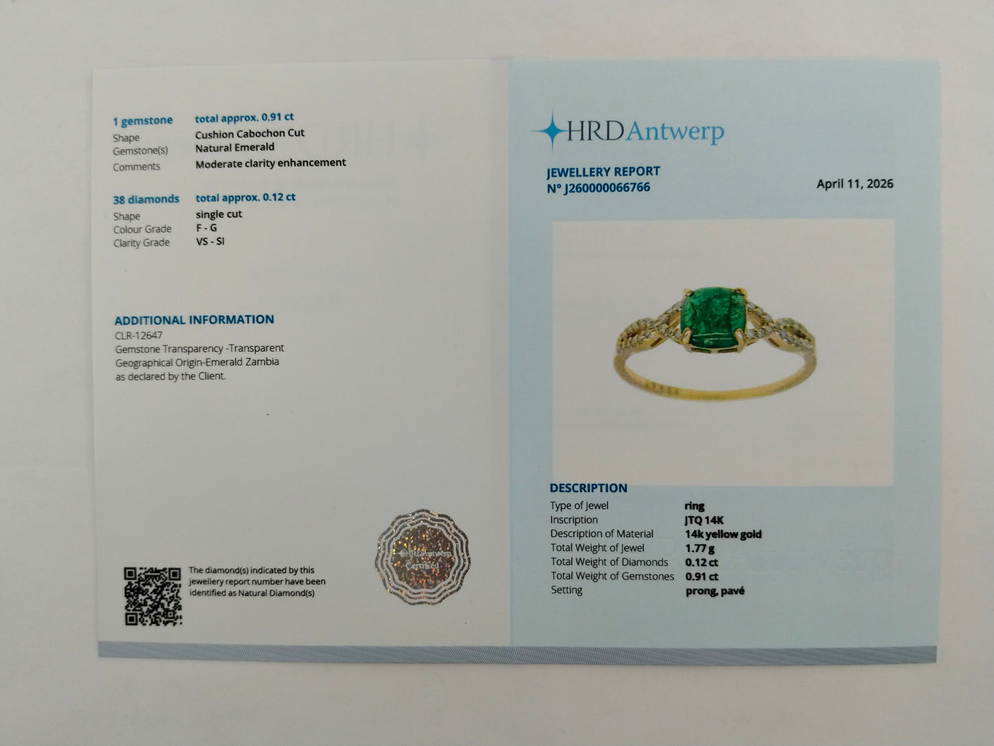 1.03 Ct Cushion Cabochon Natural Emerald 14K Gold Ring
