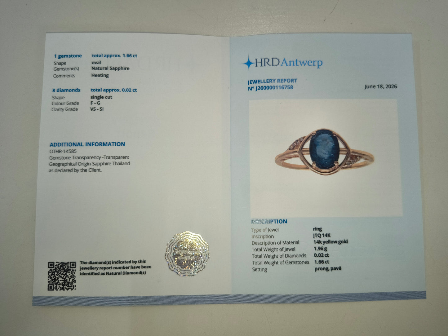 1.68 Ct Oval Natural Sapphire 14K Gold Ring