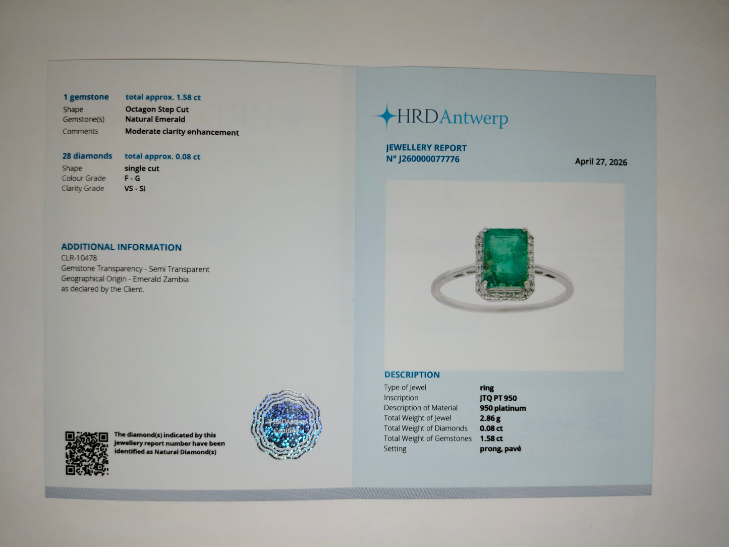 1.66 Ct Octagon Step Cut Natural Emerald 950 Platinum Ring