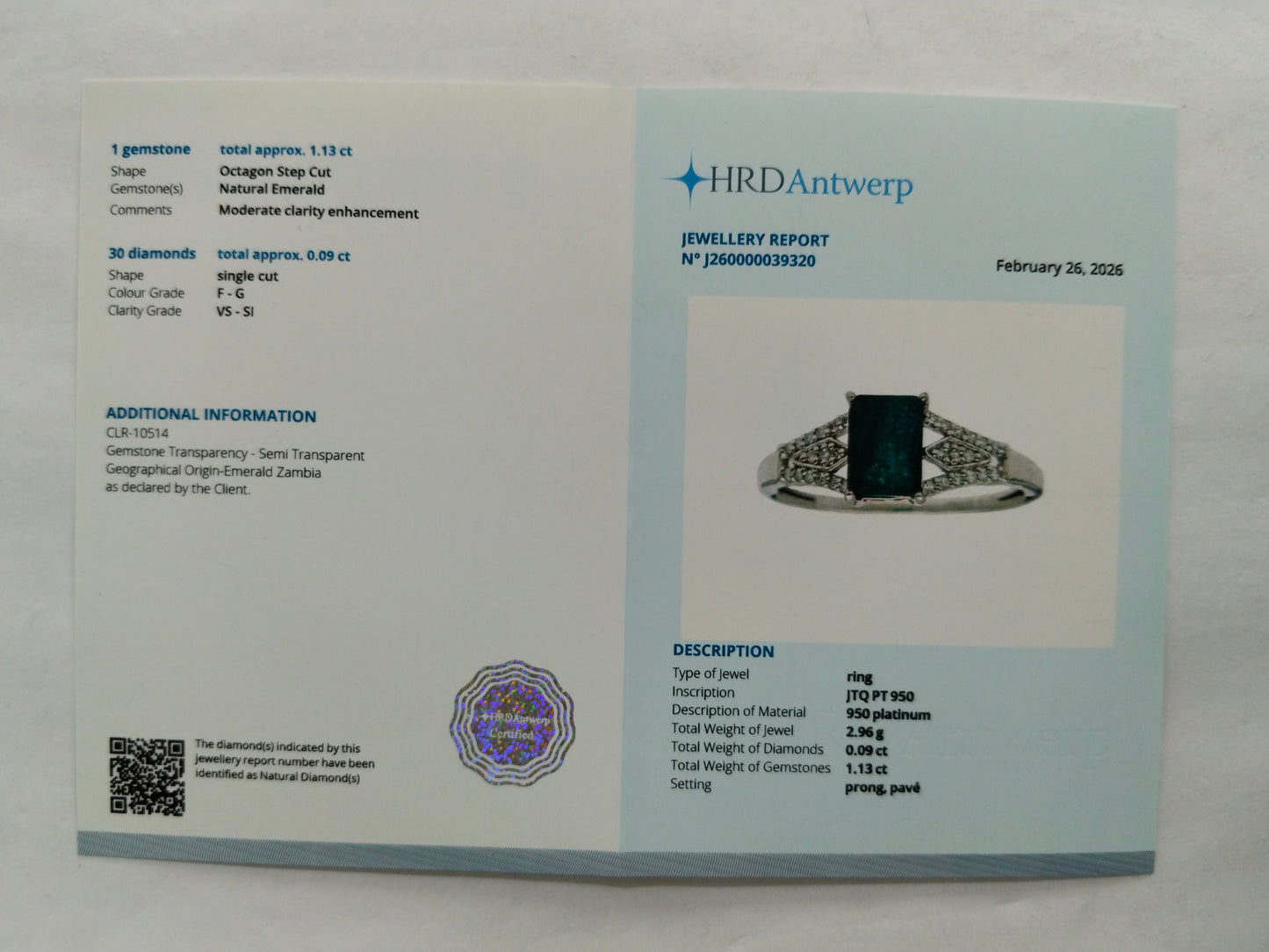 1.22 Ct Octagon Step Cut Natural Emerald 950 Platinum Ring
