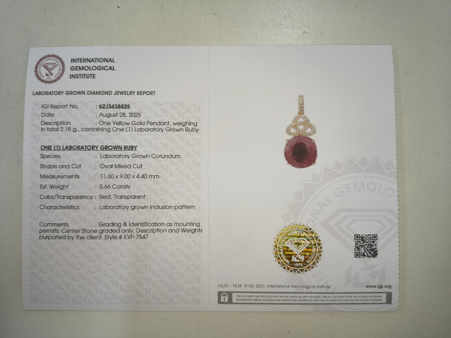 5.86 Ct Oval Mixed Cut Lab Grown Ruby 14K Gold Pendant