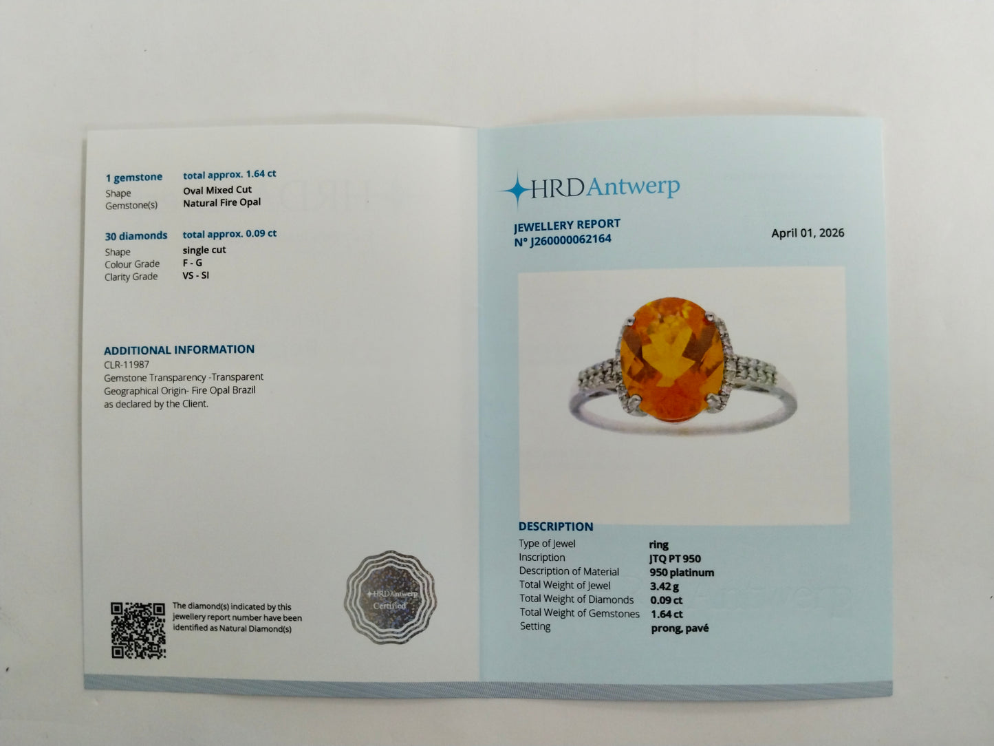 1.73 Ct Oval Mixed Cut Natural Fire Opal 950 Platinum Ring