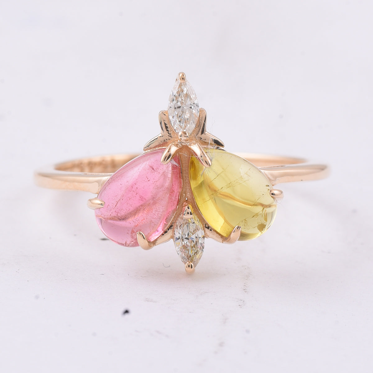 1.86 Ct Pear Cabochon Natural Multi Coloured Tourmaline 14K Gold Ring