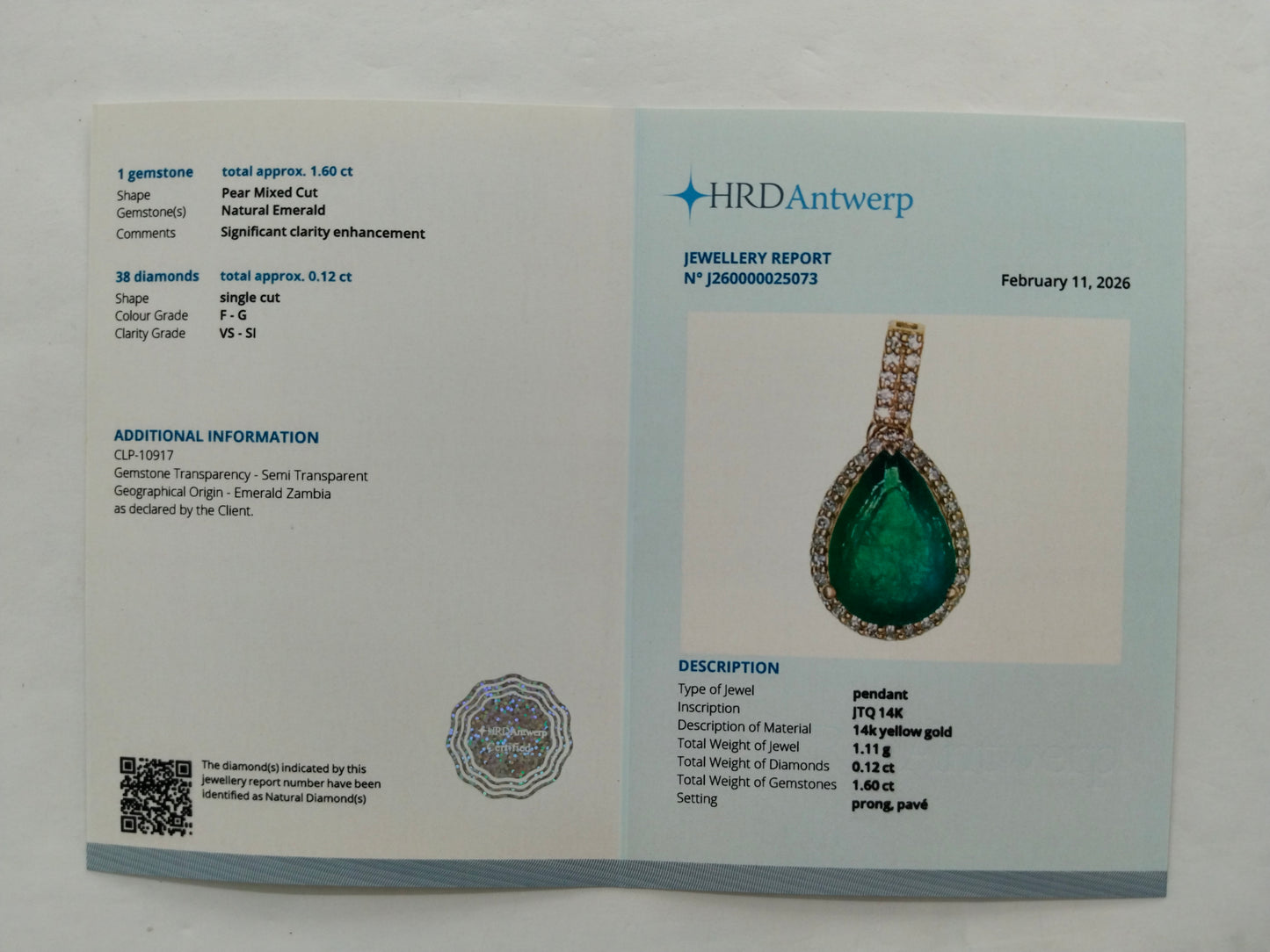 1.72 Ct Pear Mixed Cut Natural Emerald 14K Gold Pendant