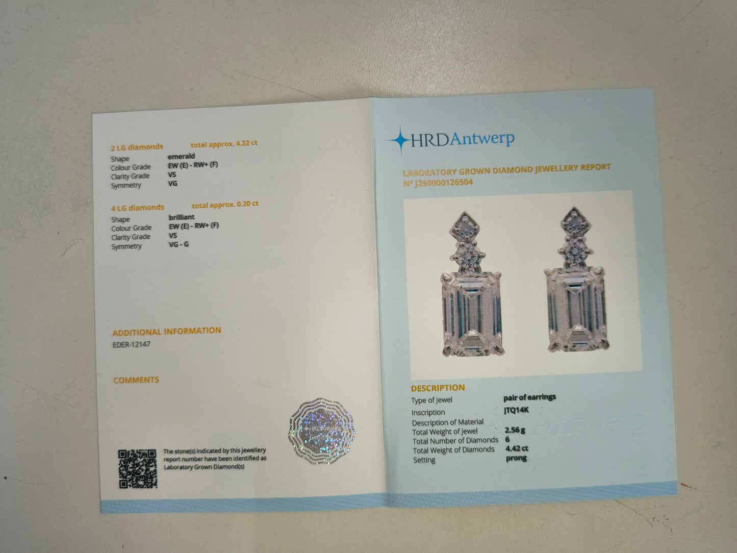 4.42 Carats Lab Grown Diamond 14K Gold Earrings