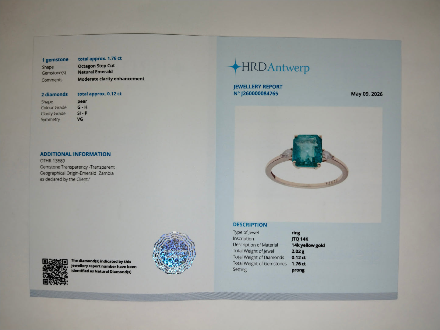 1.65 Ct Octagon Step Cut Natural Emerald 14K Gold Ring