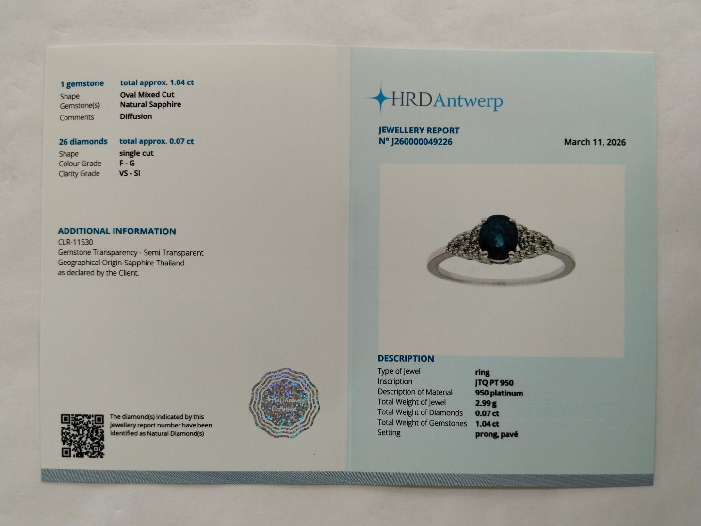 1.11 Ct Oval Mixed Cut Natural Sapphire 950 Platinum Ring