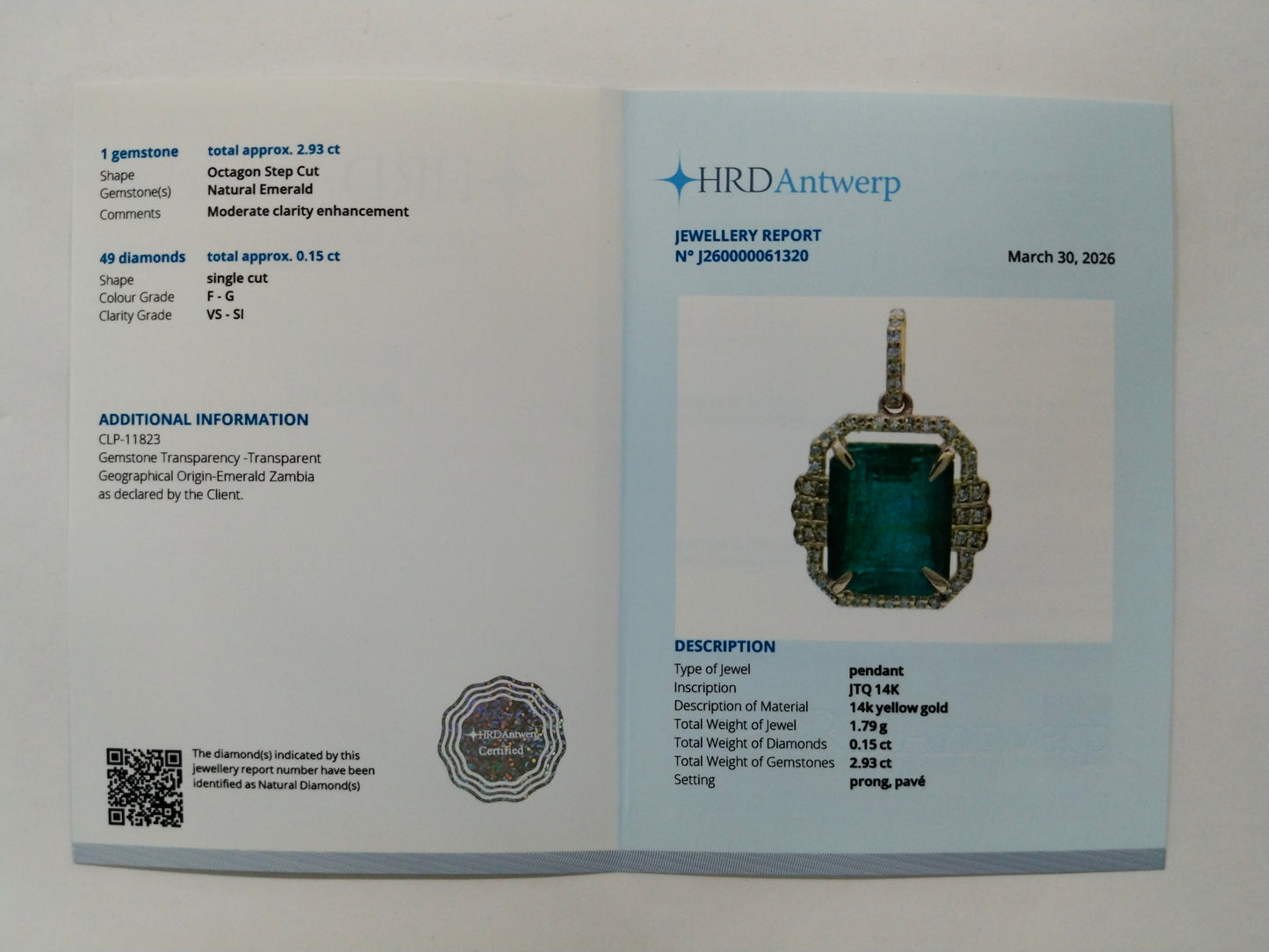 3.08 Ct Octagon Step Cut Natural Emerald 14K Gold Pendant