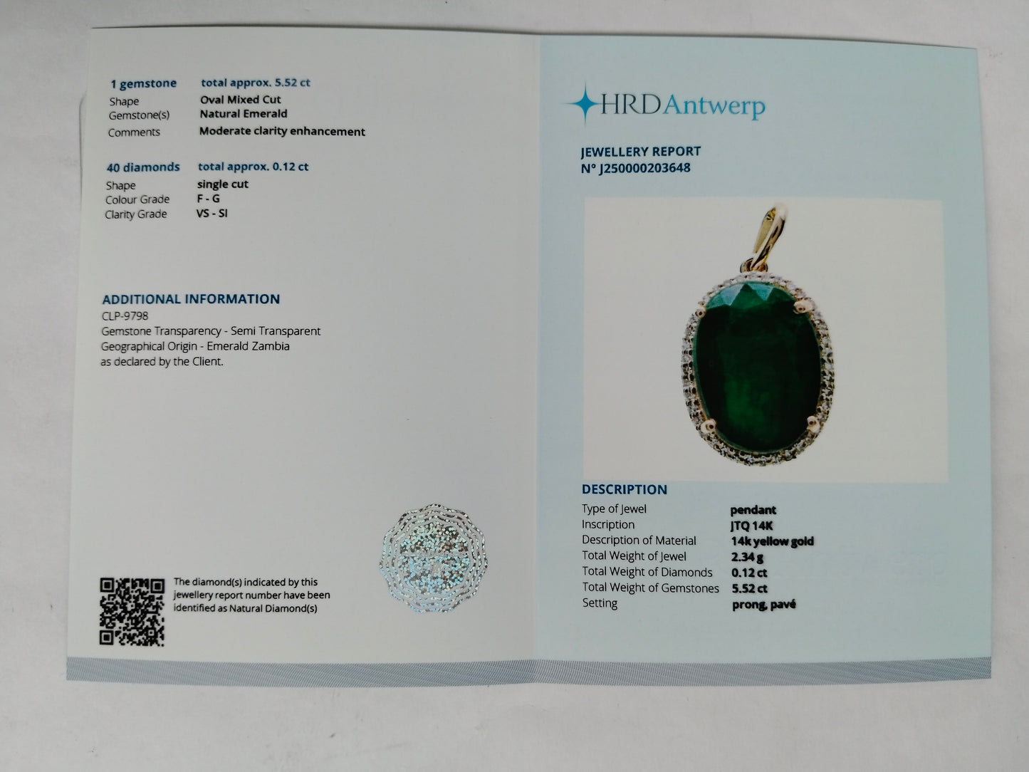 5.64 Ct Oval Mixed Cut Natural Emerald 14K Gold Pendant