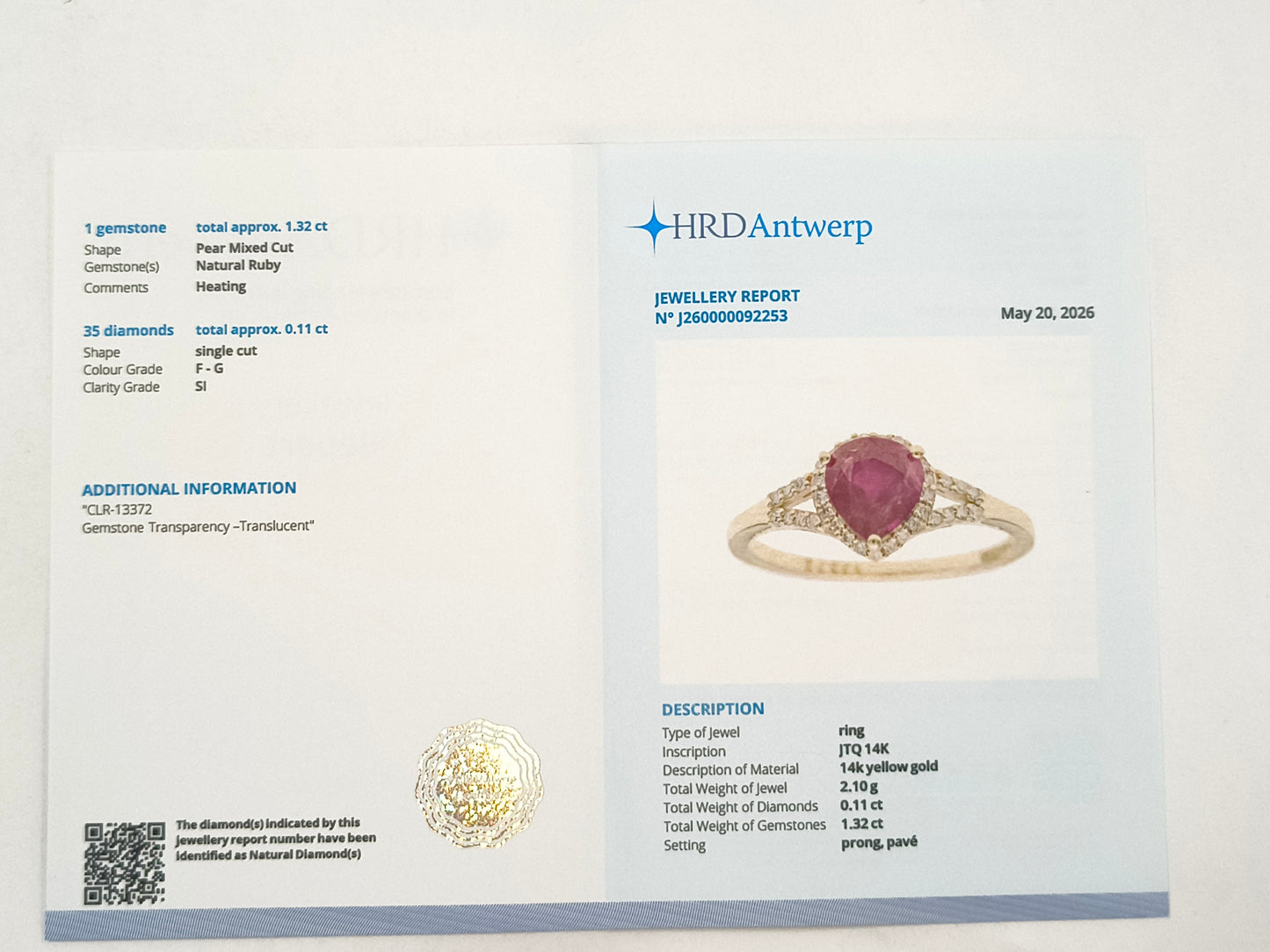 1.43 Ct Pear Ruby 14K Gold Ring