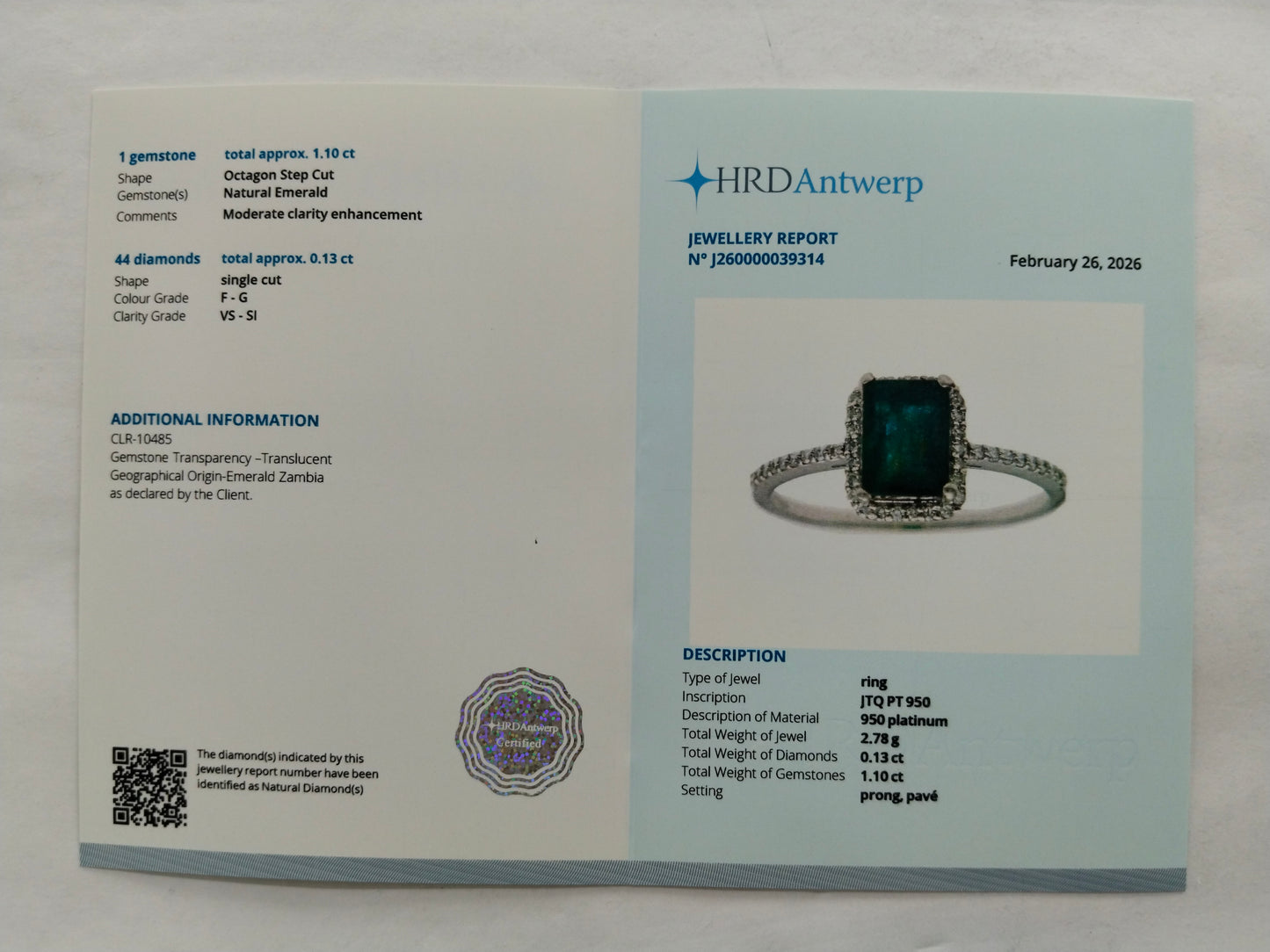 1.23 Ct Octagon Step Cut Natural Emerald 950 Platinum Ring