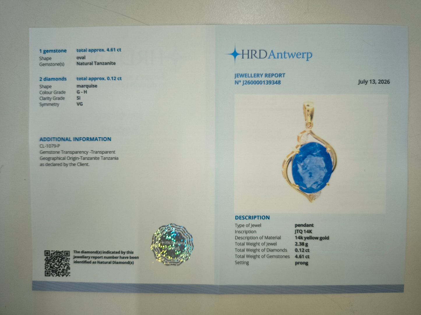 4.73 Ct Oval Natural Tanzanite 14K Gold Pendant