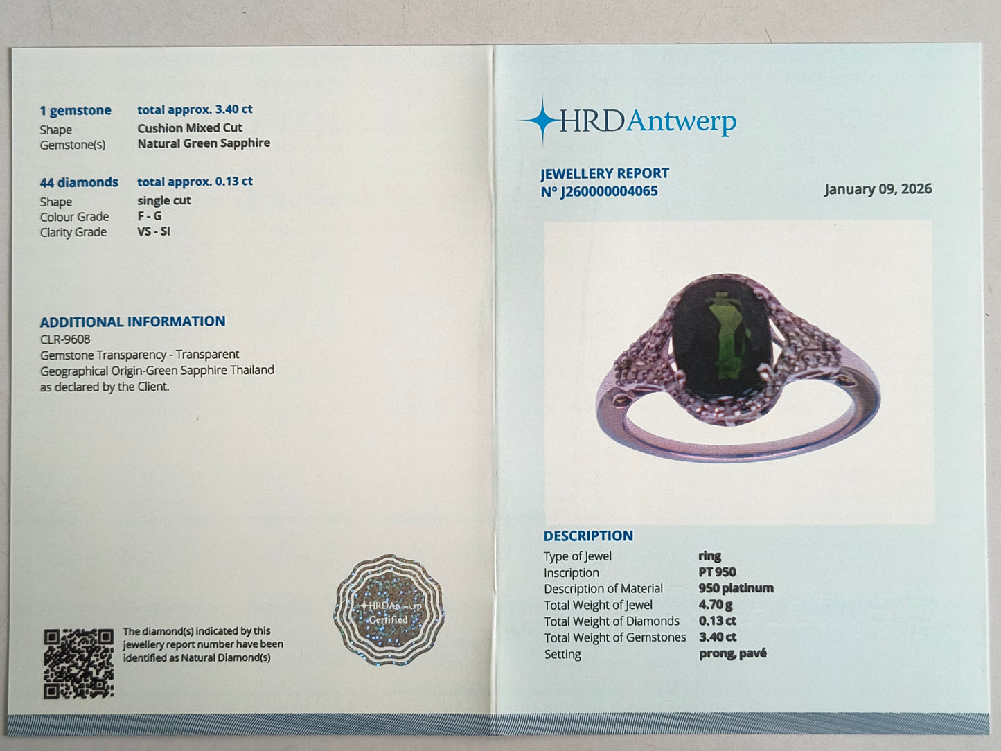 3.53 Ct Cushion Mixed Cut Natural Green Sapphire 950 Platinum Ring