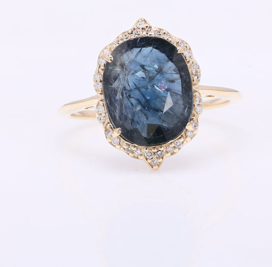4.21 Ct Oval Mixed Cut Natural Sapphire 14K Gold Ring