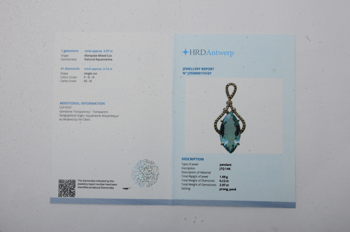 3.09 Ct Marquise Mixed Cut Natural Aquamarine 14K Gold Pendant
