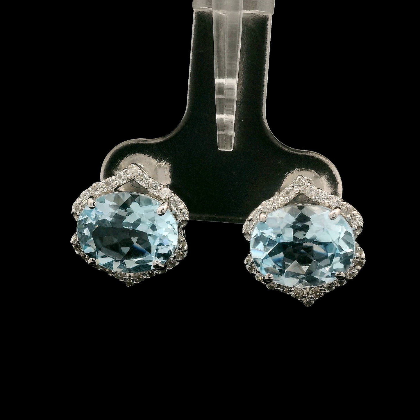 6.39 Ct Oval Blue Topaz, White Zircon 925 Sterling Silver Earrings