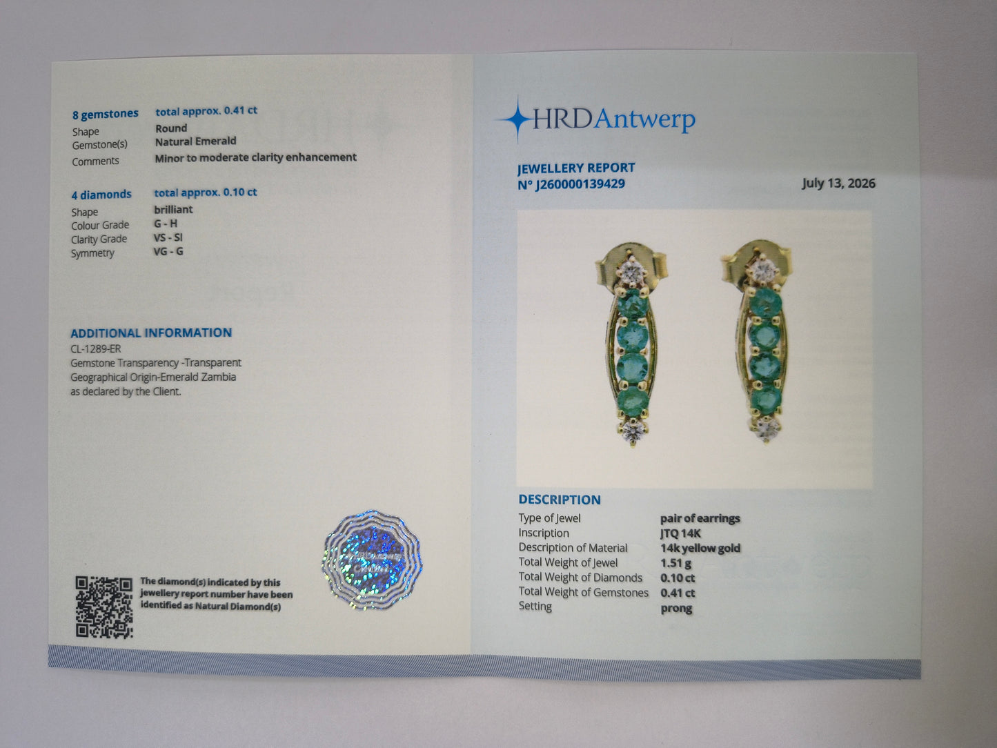 0.51 Ct Round Natural Emerald 14K Gold Earrings