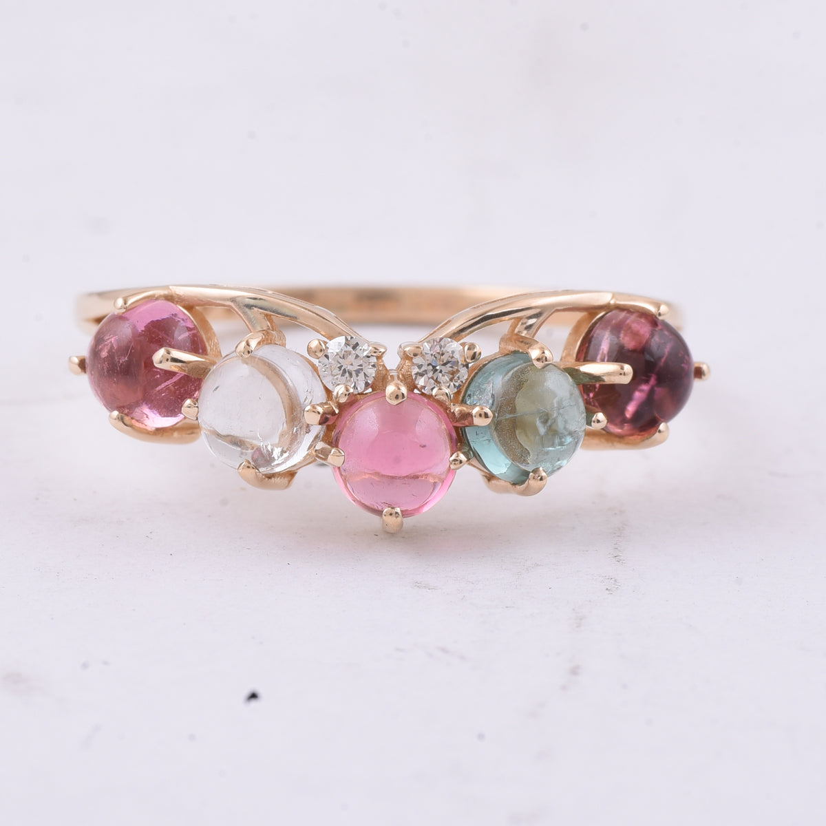 1.89 Ct Round Cabochon Cut Natural Multi Coloured Tourmaline 14K Gold Ring
