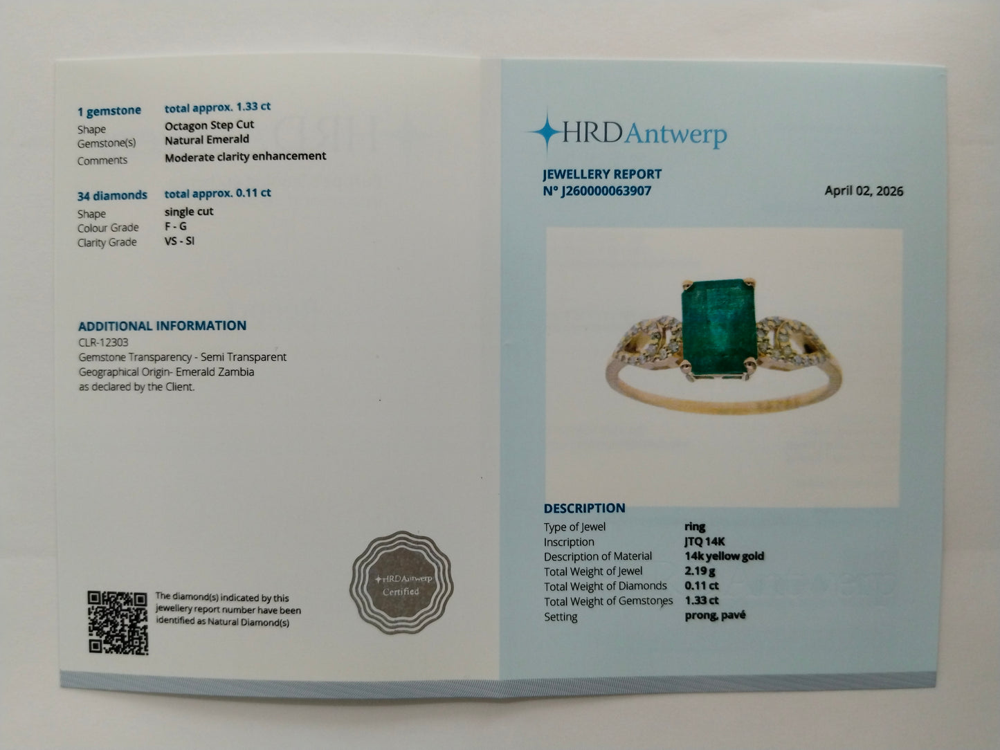 1.44 Ct Octagon Step Cut Natural Emerald 14K Gold Ring