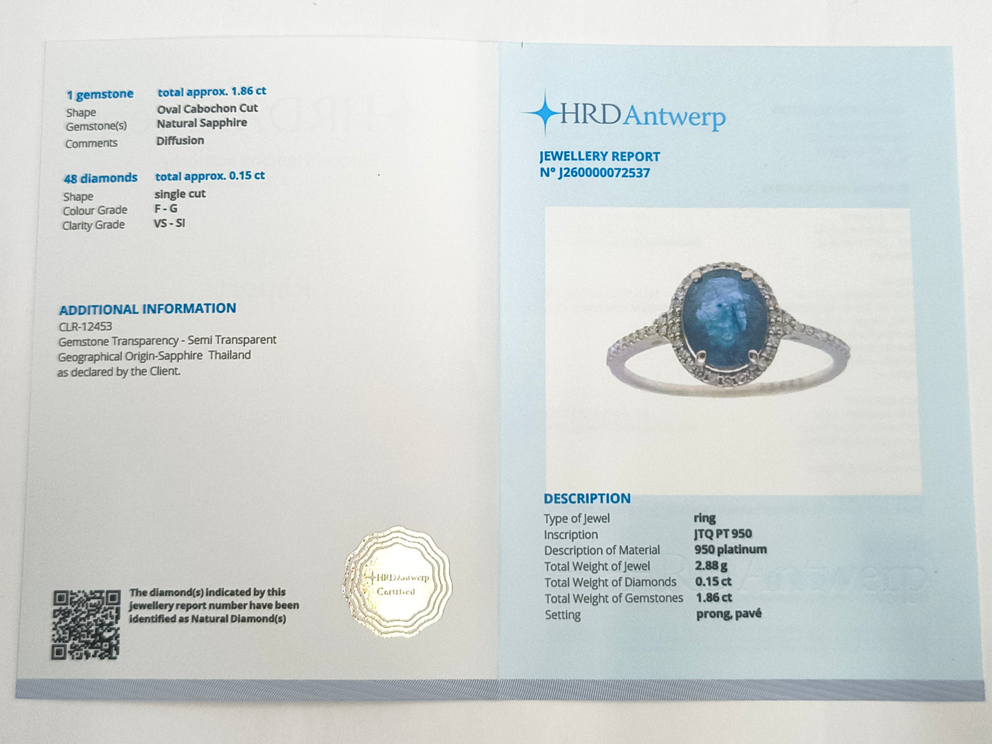 2.01 Ct Oval Cabochon Cut Natural Sapphire 950 Platinum Ring