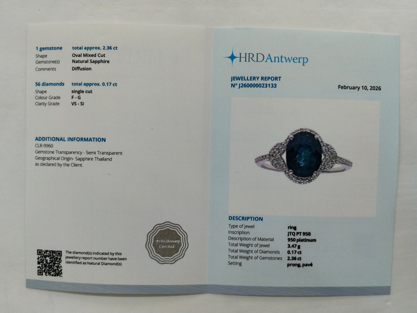 2.53 Ct Oval Mixed Cut Natural Sapphire 950 Platinum Ring