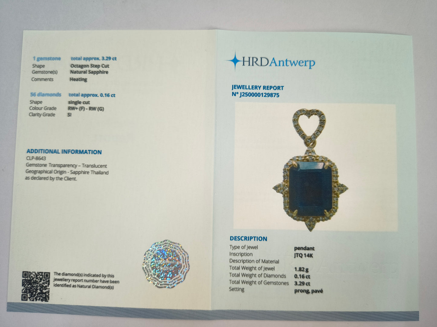 3.45 Ct Octagon Natural Sapphire 14K Gold Pendant