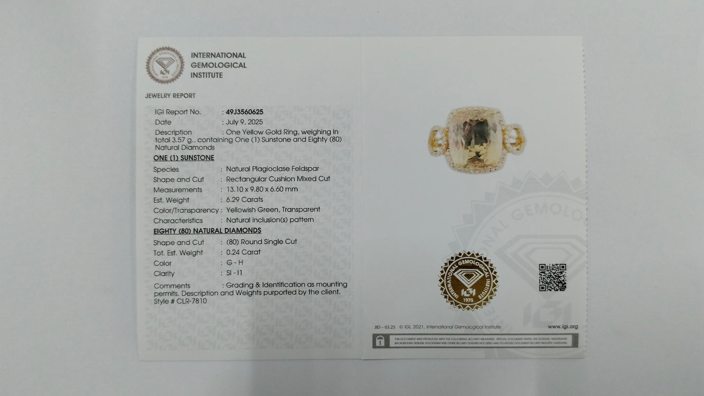 6.53 Ct Rectangular Cushion Mixed Cut Natural Plagioclase Feldspar Sunstone 14K Gold Ring