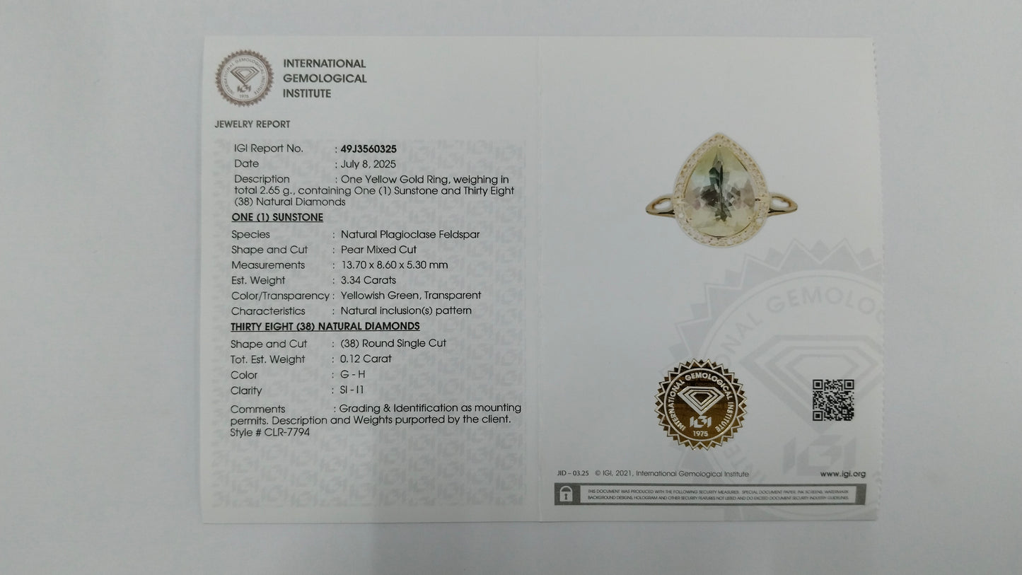 3.46 Ct Pear Mixed Cut Natural Plagioclase Feldspar Sunstone 14K Gold Ring