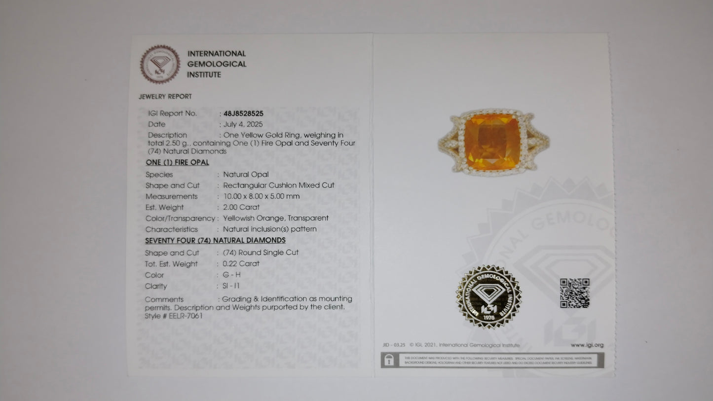 2.22 Ct Rectangular Cushion Mixed Cut Natural Fire Opal 14K Gold Ring