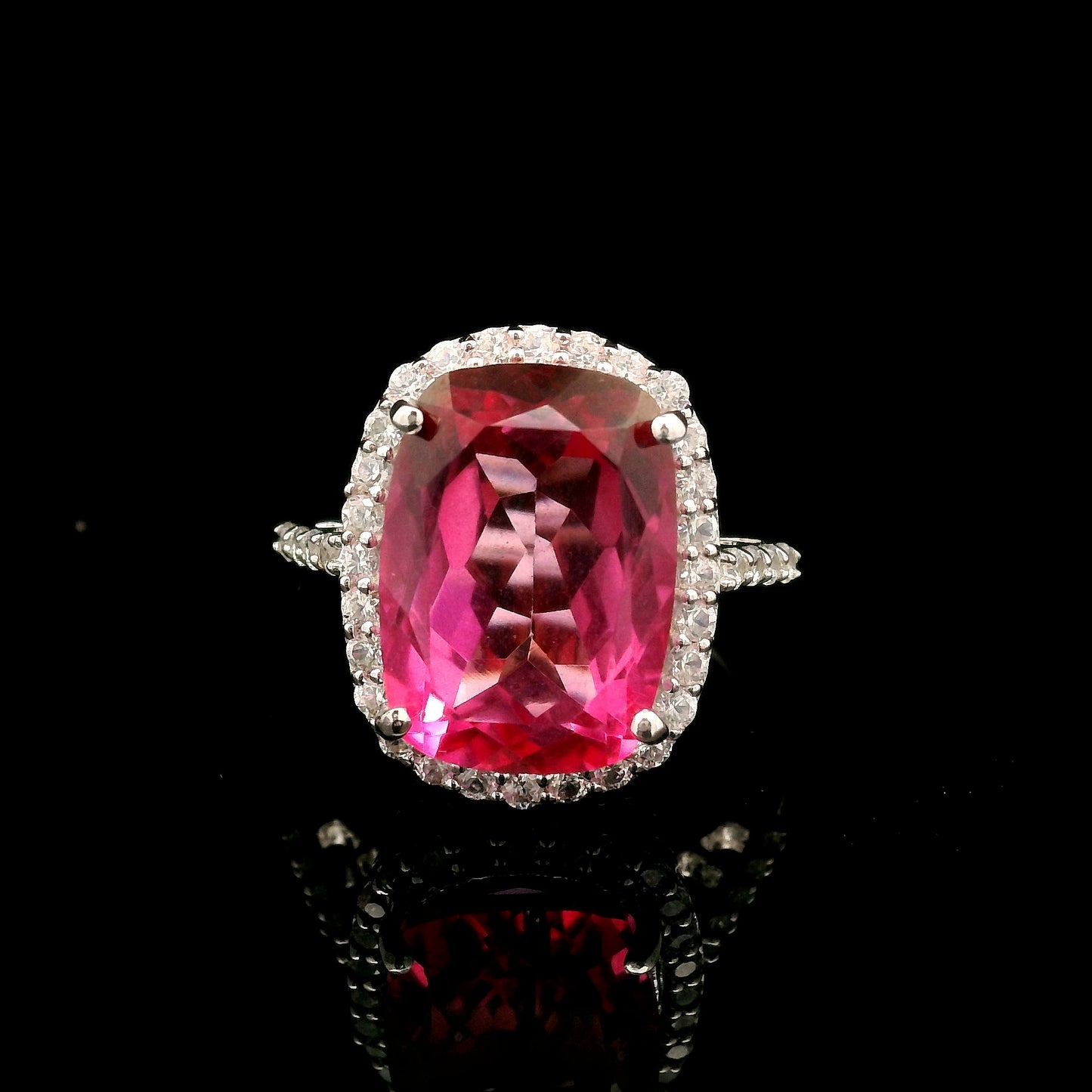 9.34 Ct Cushion Pink Topaz, White Zircon 925 Sterling Silver Ring