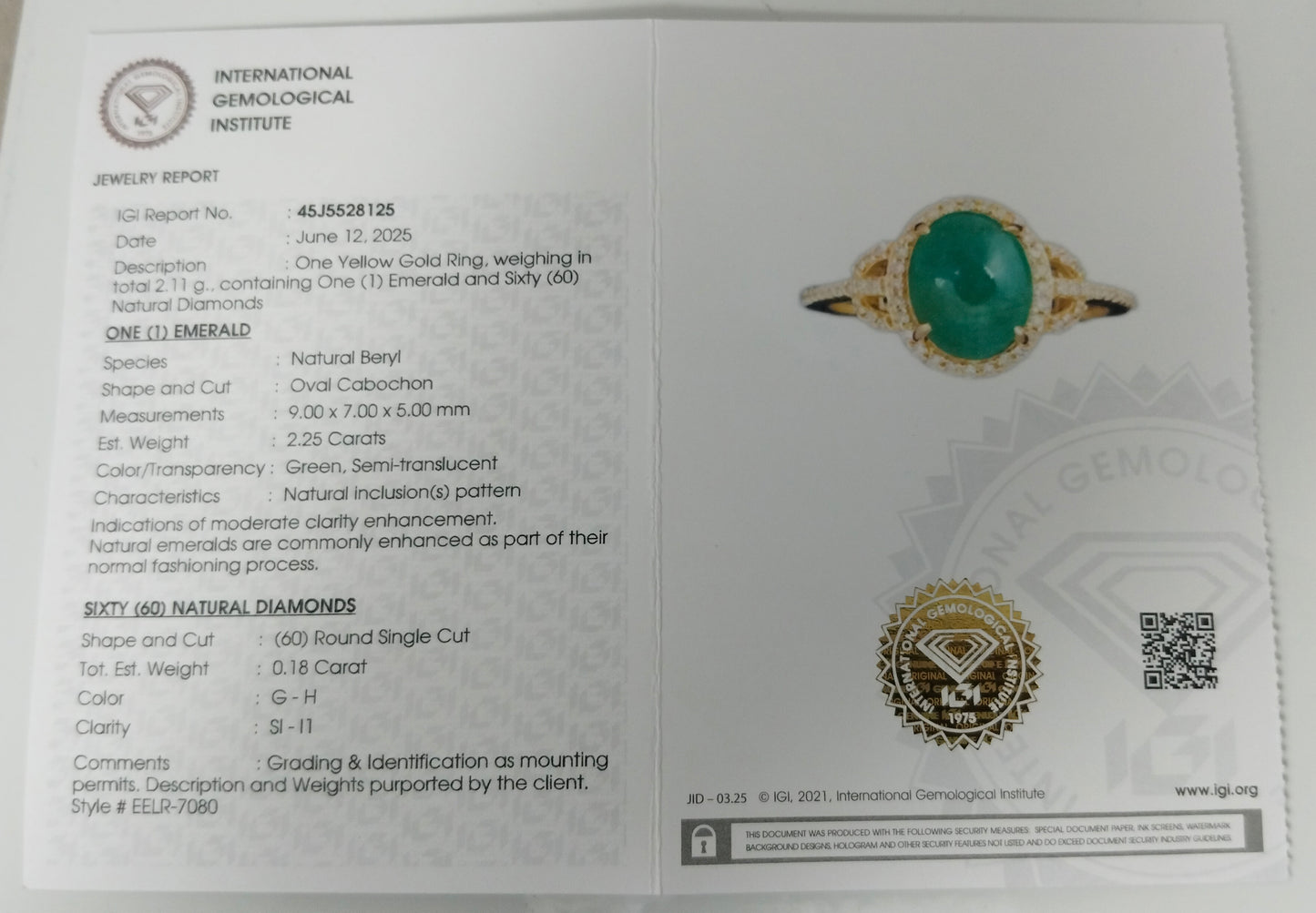 2.43 Ct Oval Cabochon Natural Beryl Emerald 14K Gold Ring