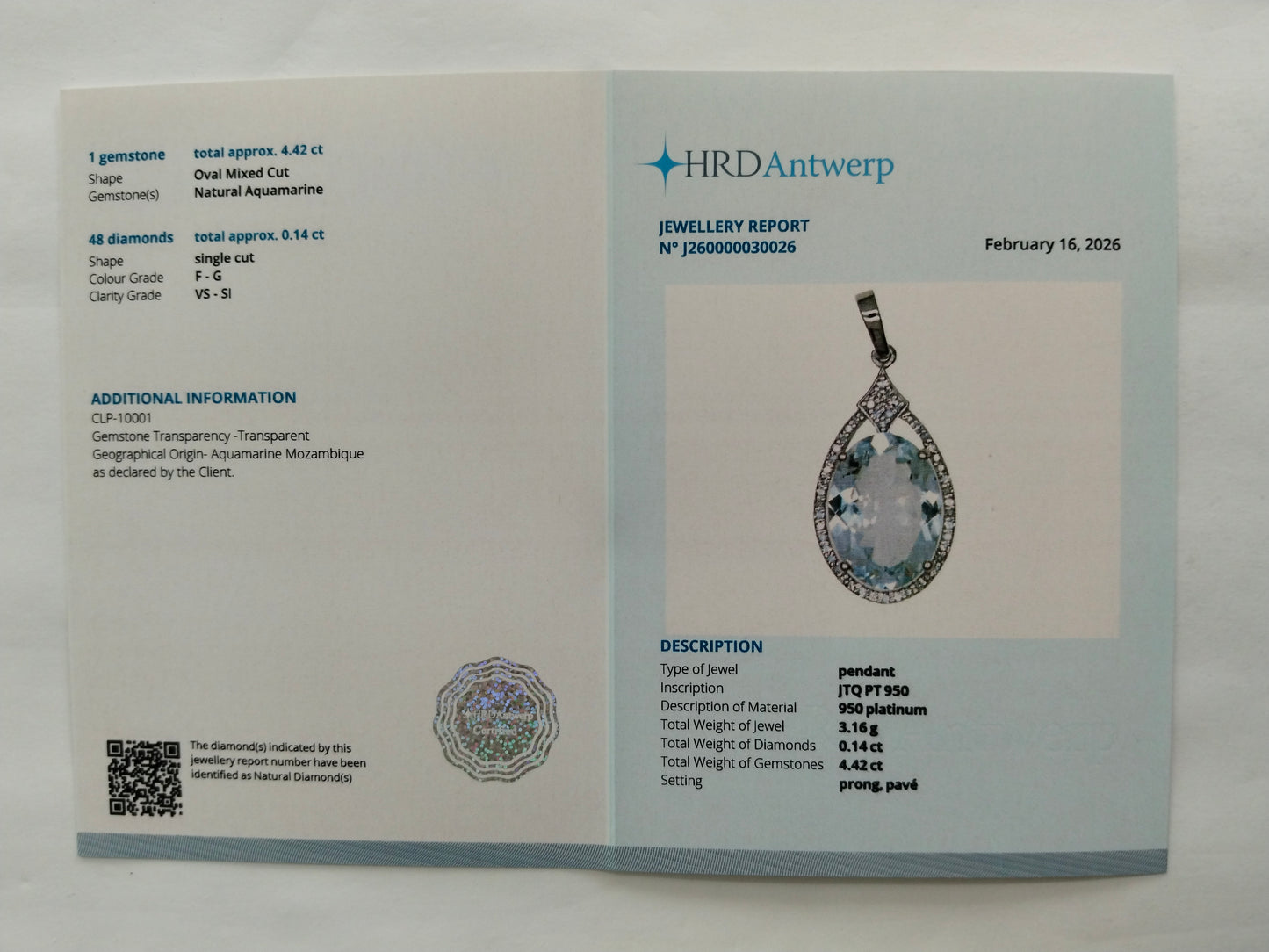 4.56 Ct Oval Mixed Cut Natural Aquamarine 950 Platinum Pendant
