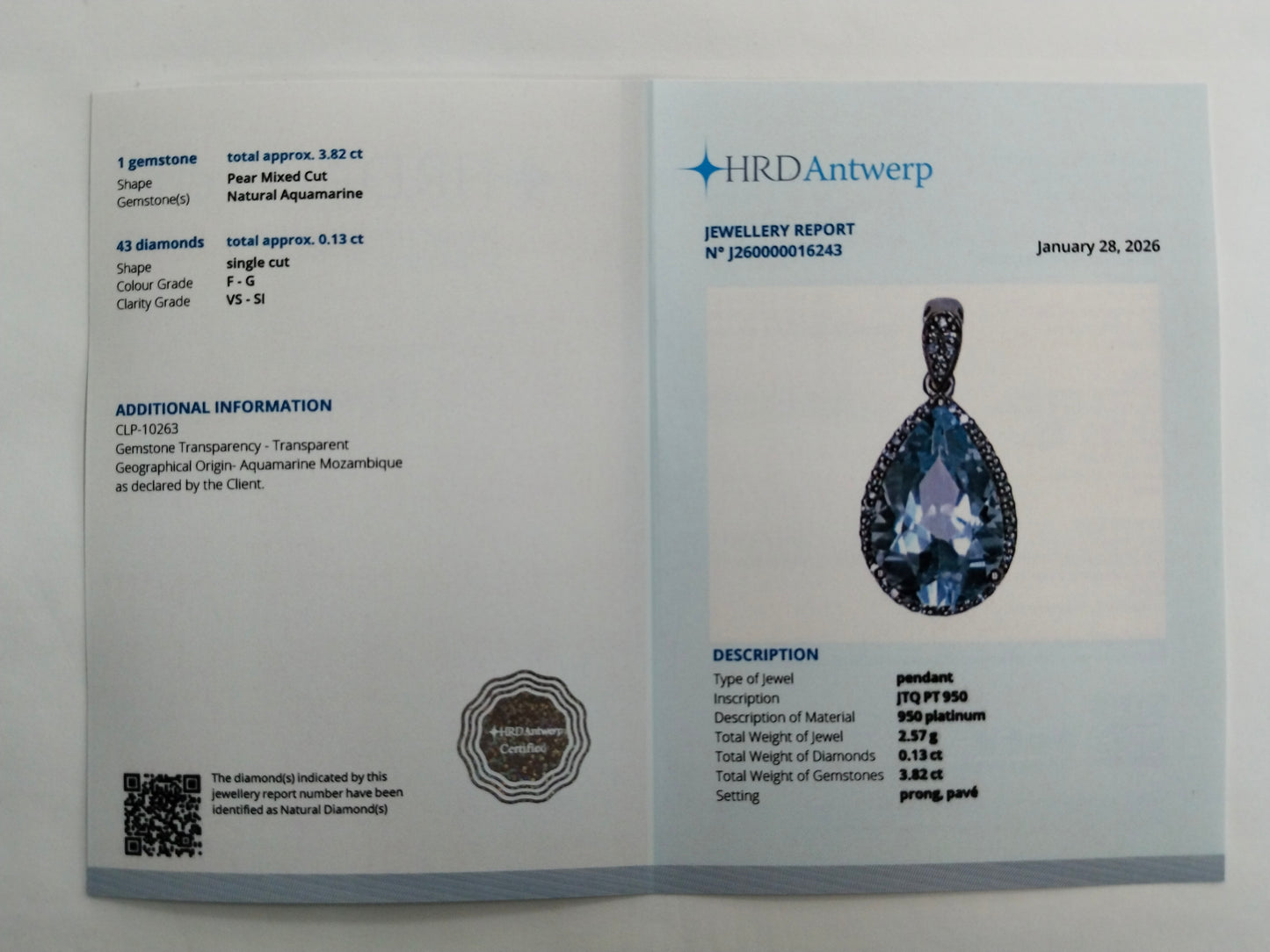 3.95 Ct Pear Mixed Cut Natural Aquamarine 950 Platinum Pendant