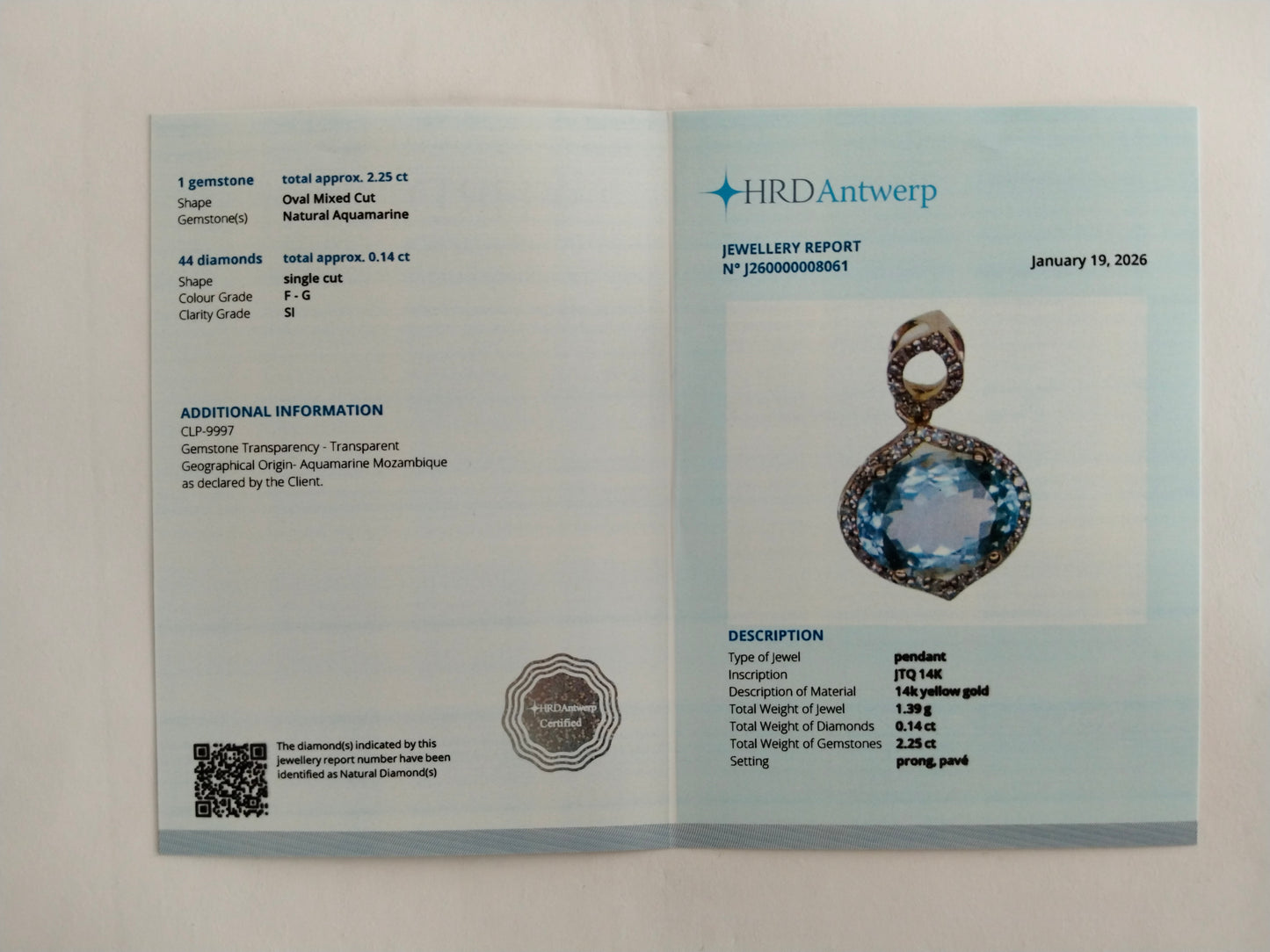 2.39 Ct Oval Mixed Cut Natural Aquamarine 14K Gold Pendant