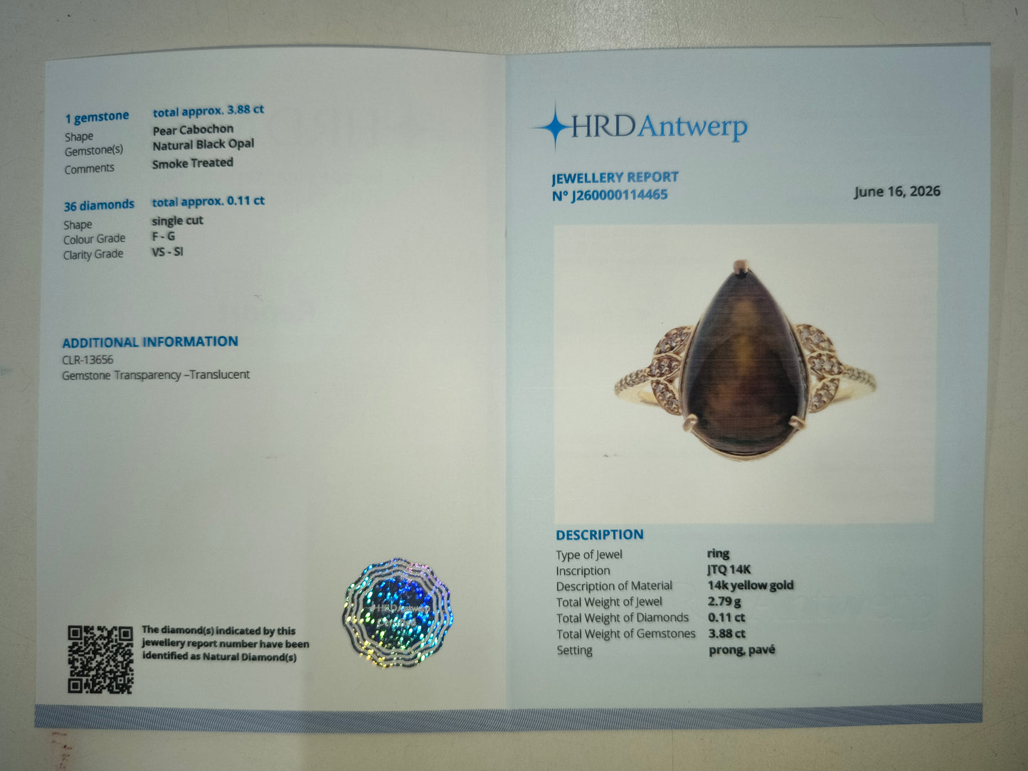 3.99 Ct Pear Cabochon Natural Black Opal 14K Gold Ring