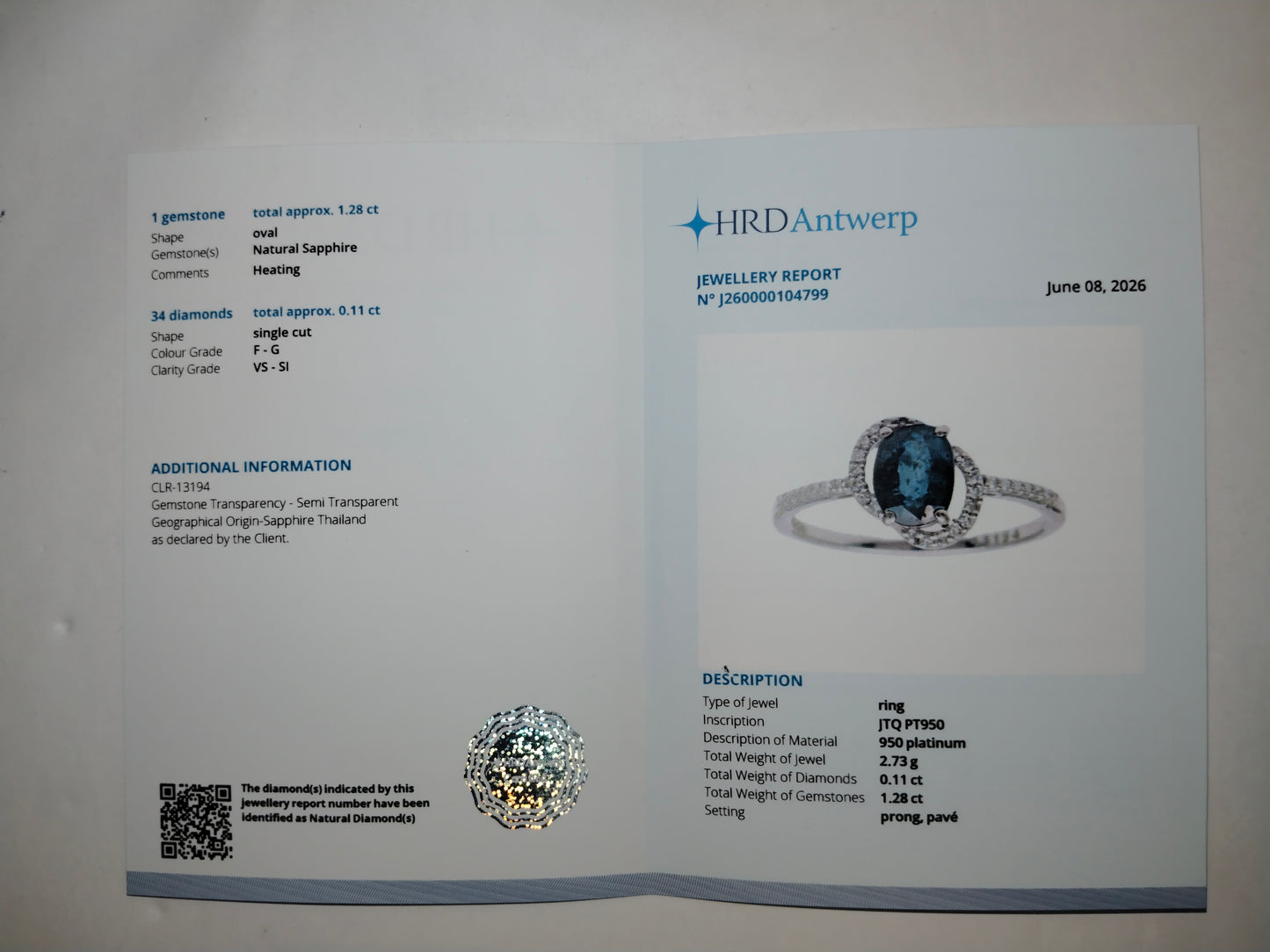 1.39 Ct Oval Mixed Cut Natural Sapphire 950 Platinum Ring