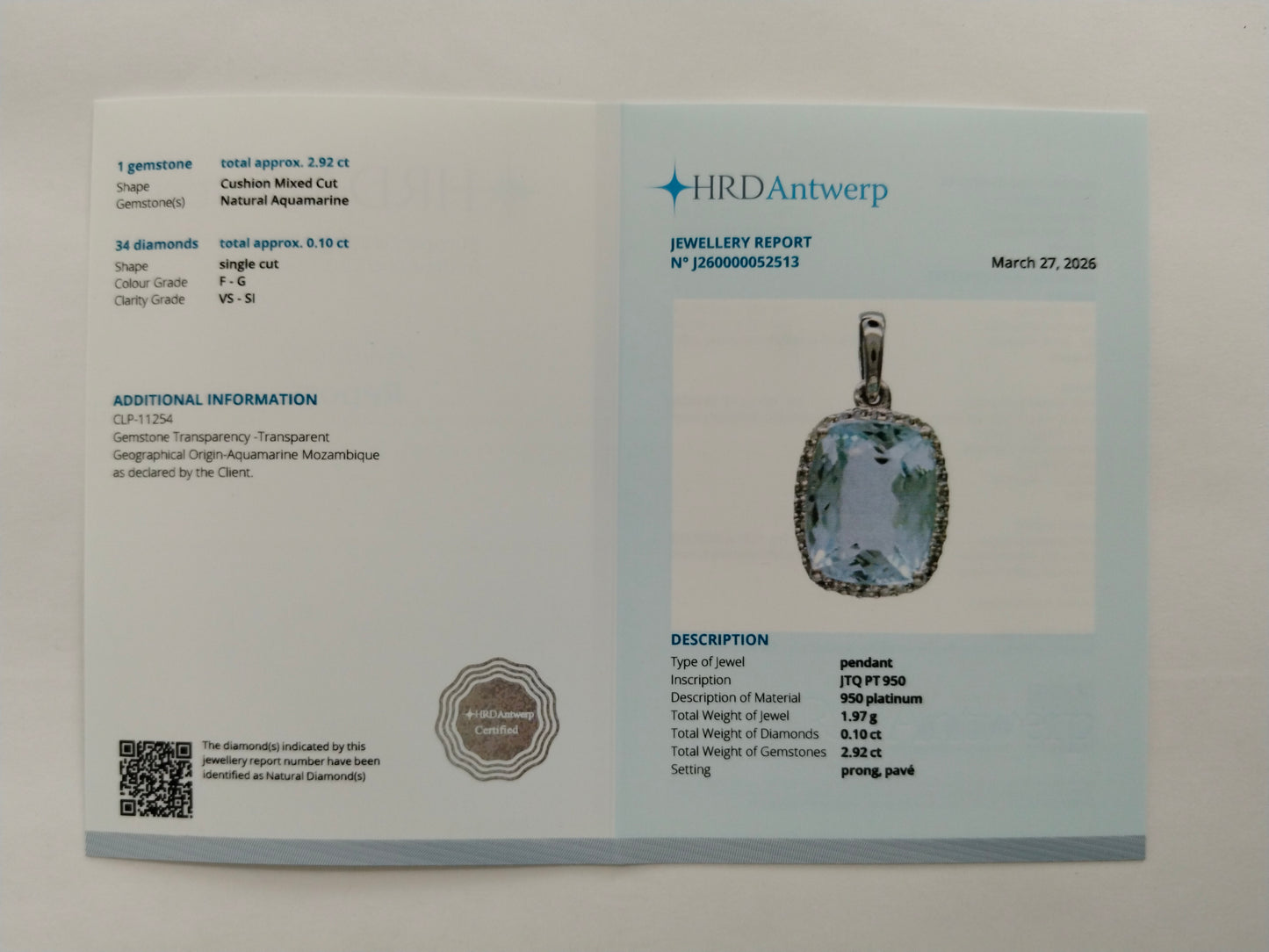 3.02 Ct Cushion Mixed Cut Natural Aquamarine 950 Platinum Pendant
