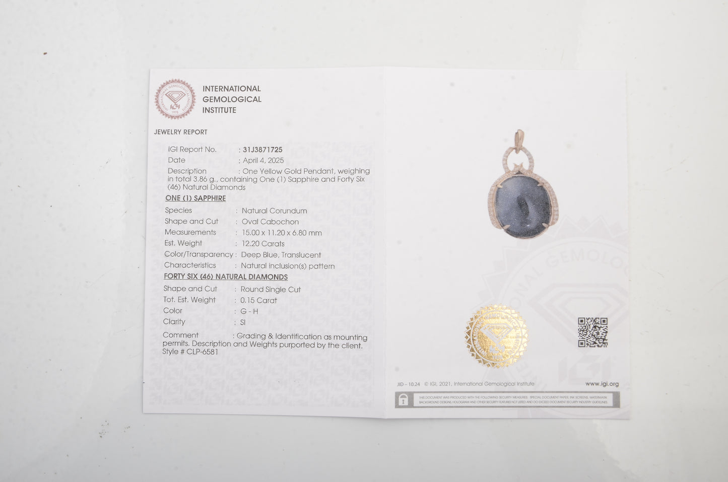 12.35 Ct Natural Codundum Sapphire 14K Gold Pendant