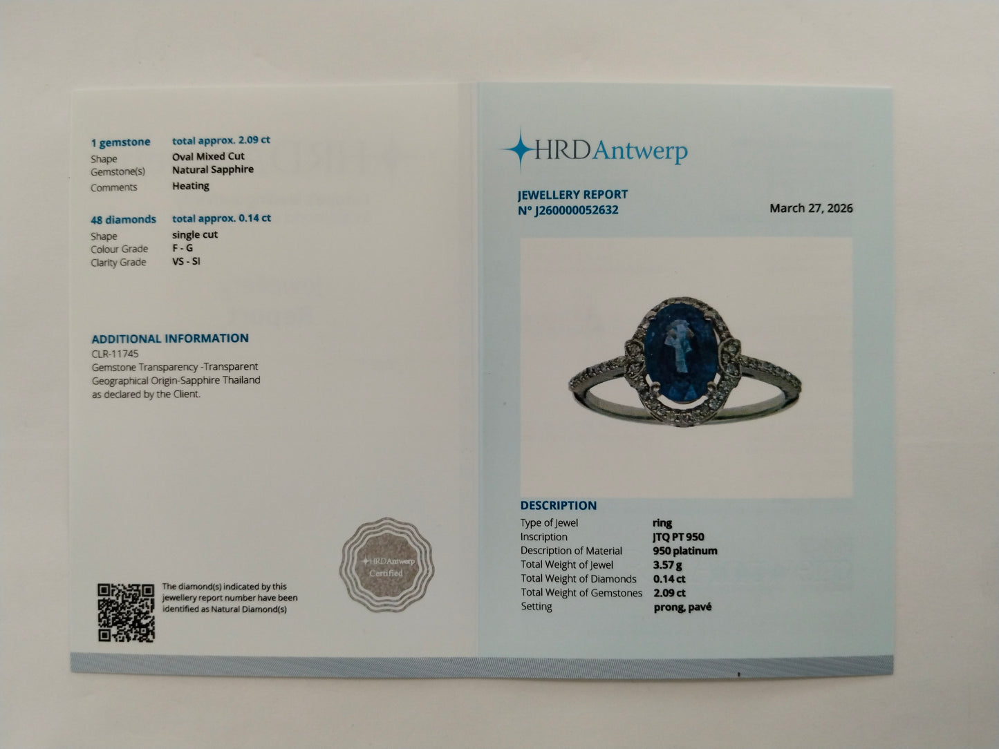 2.23 Ct Oval Mixed Cut Natural Sapphire 950 Platinum Ring
