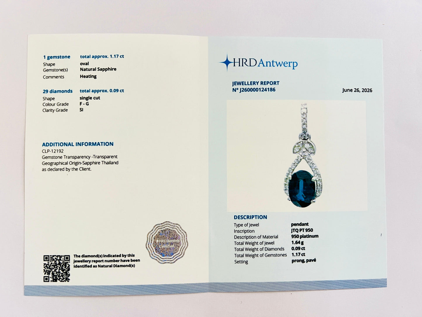 1.26 Ct Oval Natural Sapphire 950 Platinum Pendant