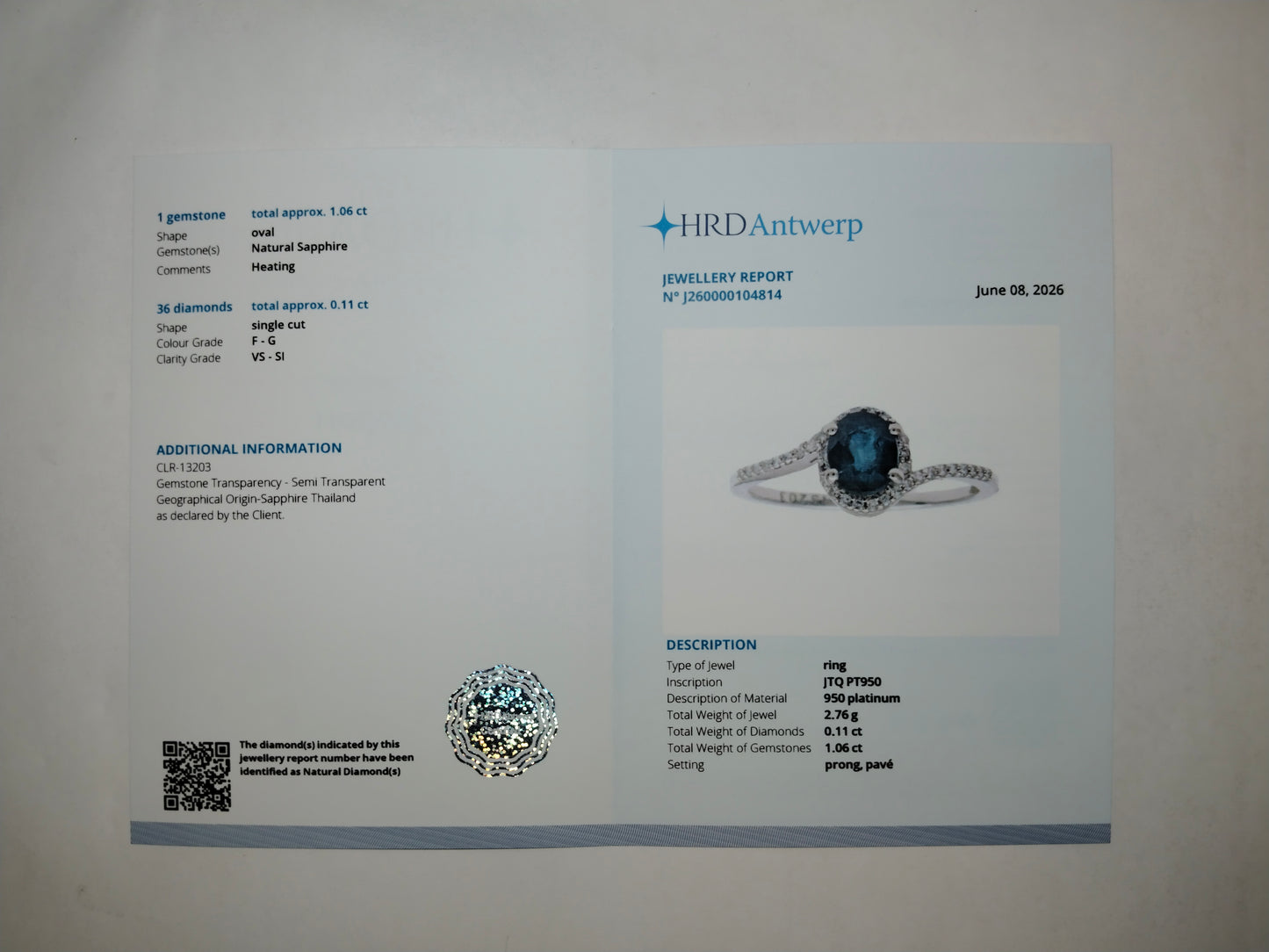 1.17 Ct Oval Mixed Cut Natural Sapphire 950 Platinum Ring