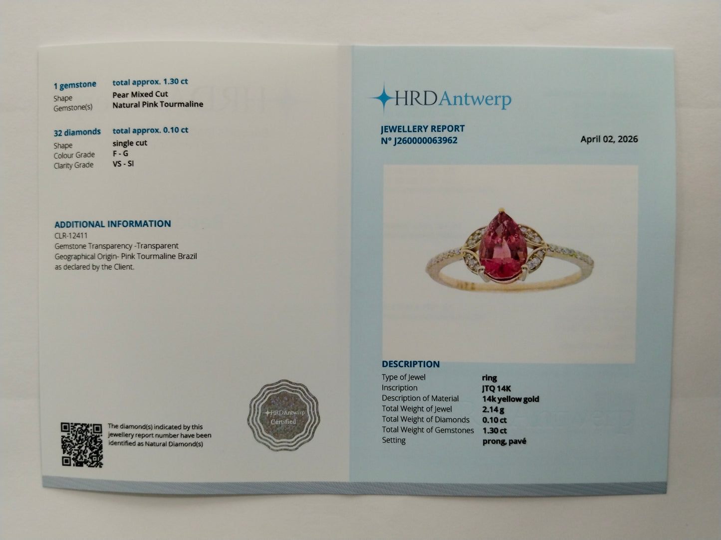 1.40 Ct Pear Mixed Cut Natural Pink Tourmaline 14K Gold Ring
