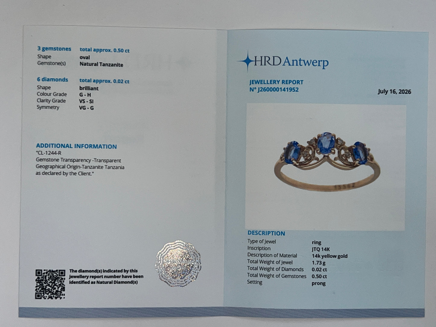 0.52 Ct Oval Natural Tanzanite 14K Gold Ring