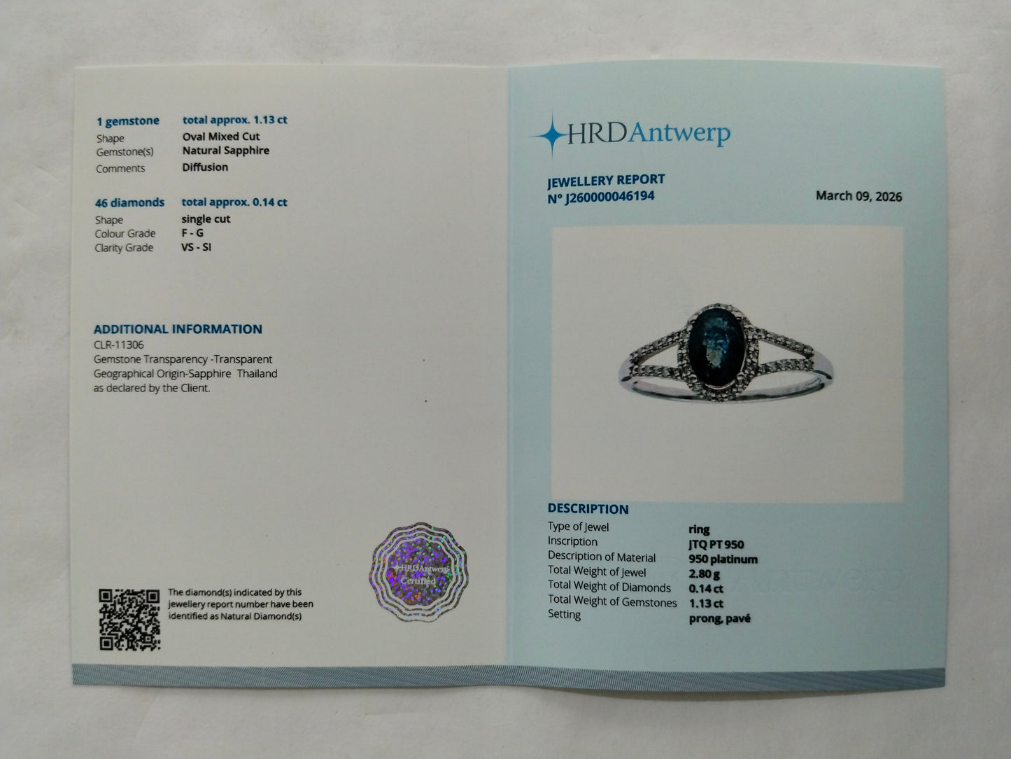 1.27 Ct Oval Mixed Cut Natural Sapphire 950 Platinum Ring