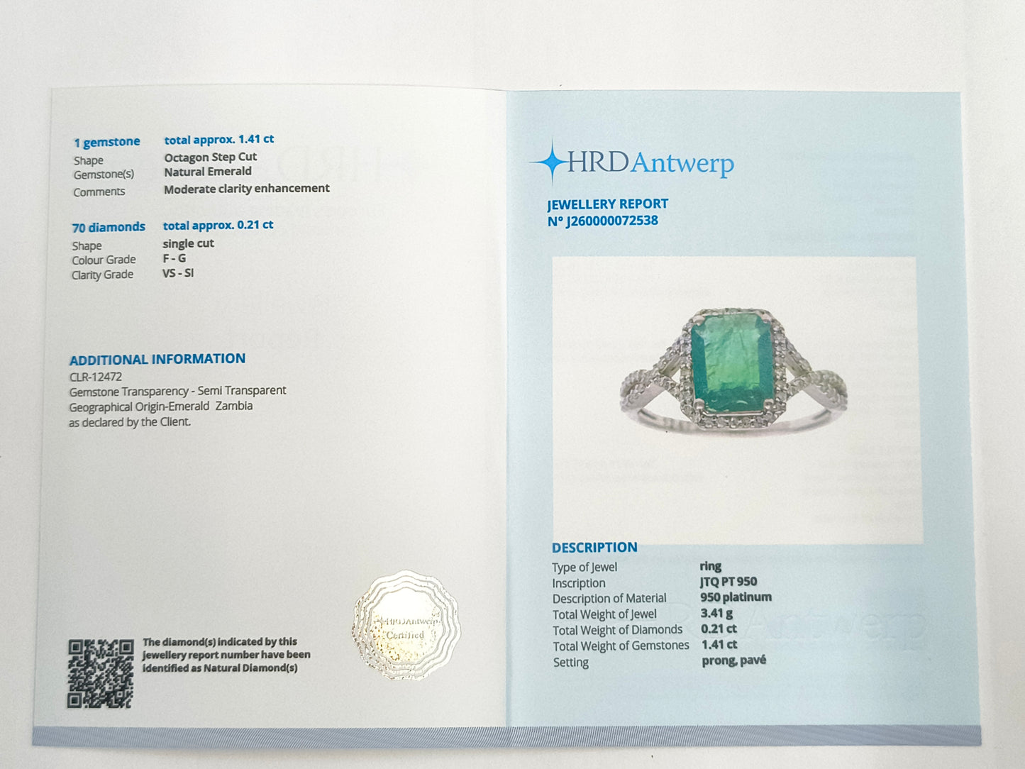 1.62 Ct Octagon Step Cut Natural Emerald 950 Platinum Ring