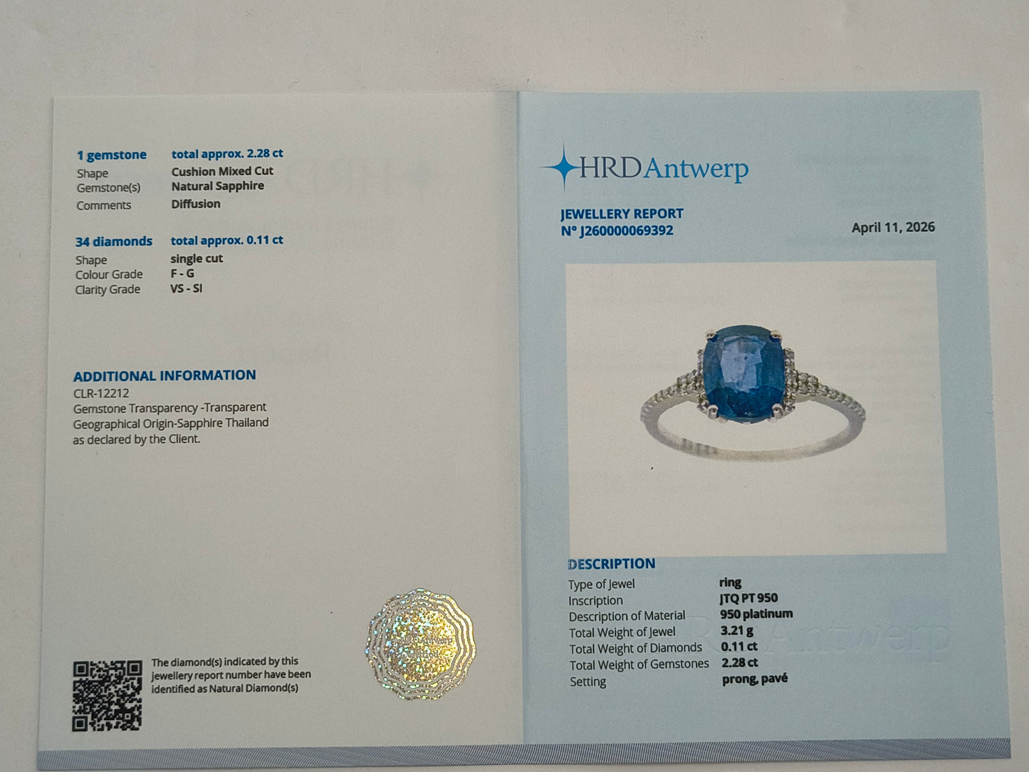 2.39 Ct Cushion Mixed Cut Natural Sapphire 950 Platinum Ring